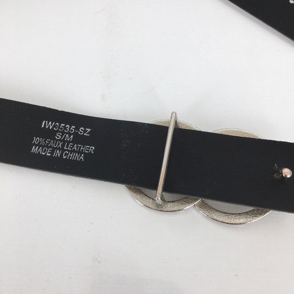 Faux Leather Rhinestone Studded Statement Belt Silver Double Circle Buckle Bling - Picture 6 of 11